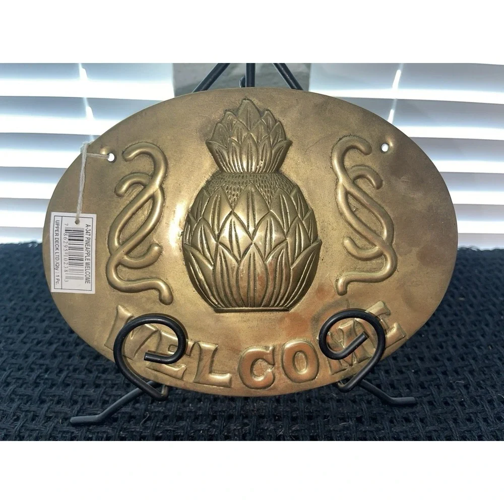 Vintage New Old Stock Brass Pineapple Decor Welcome‎ Hanging Sign Embossed